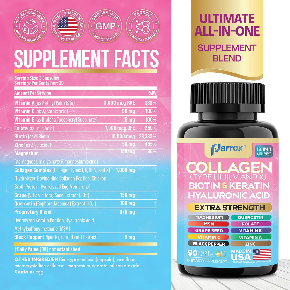 Parrox Collagen Peptides Types I, II, III, V & X, MCG Biotin, Keratin, Hyaluronic Acid, MSM, Zinc, Grape Seed Extract, Quercetin, Vitamin A, Vitamin C, OmniHealth US