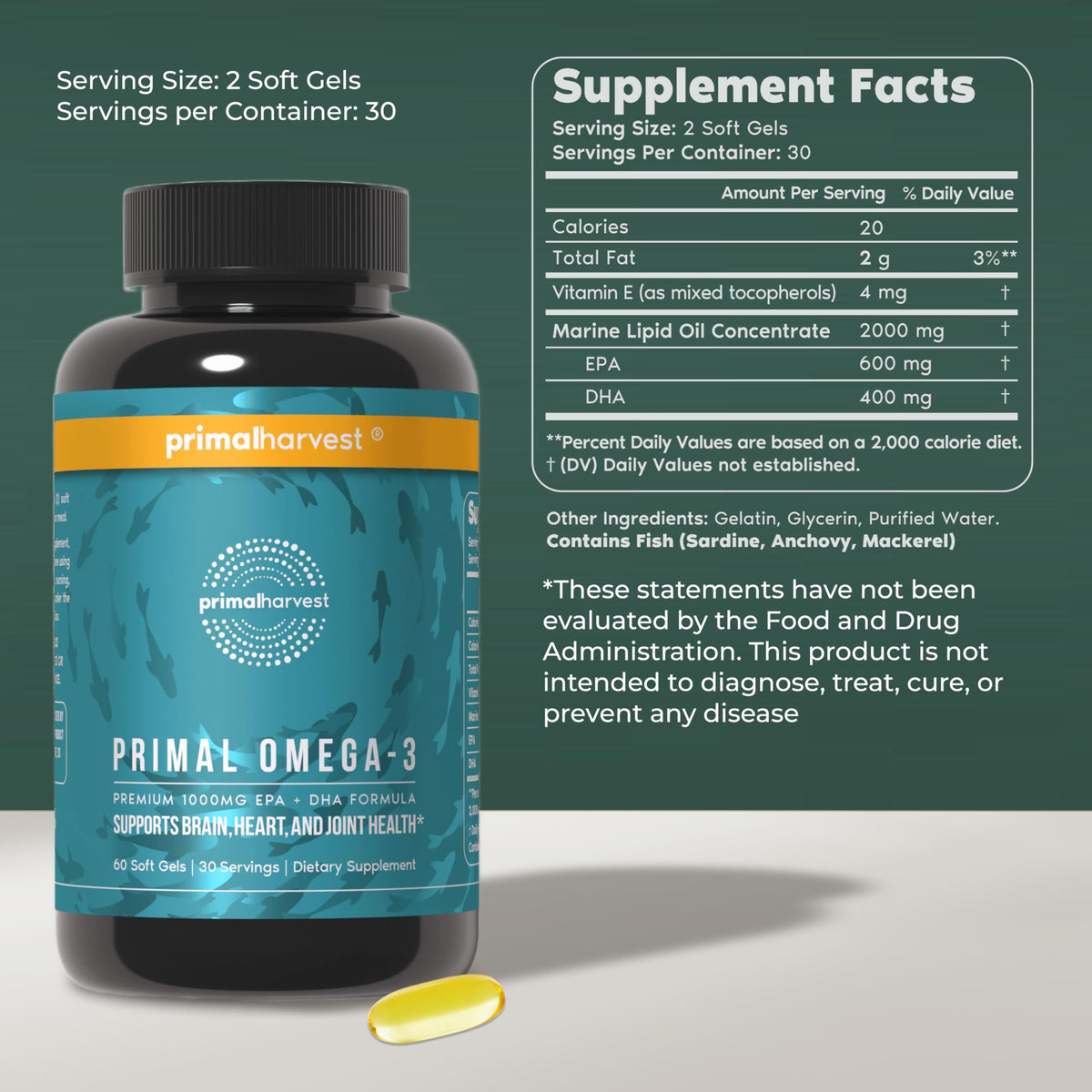 Primal Harvest Omega 3 Fish Oil Supplements, 30 Servings Soft Gels Capsules w/ 1000mg EPA + DHA Supplements - OmniHealth US