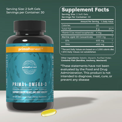 Primal Harvest Omega 3 Fish Oil Supplements, 30 Servings Soft Gels Capsules w/ 1000mg EPA + DHA Supplements - OmniHealth US