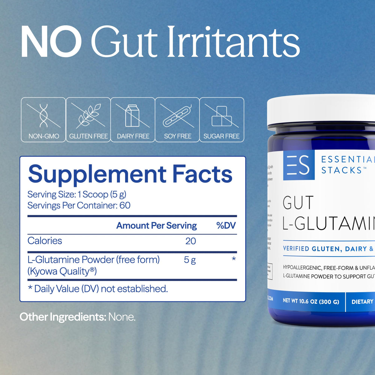 Essential Stacks Gut L-Glutamine Powder - Exclusively Made in USA - Pure L Glutamine Powder for Gut Health (60 Servings, Unflavored) - OmniHealth US