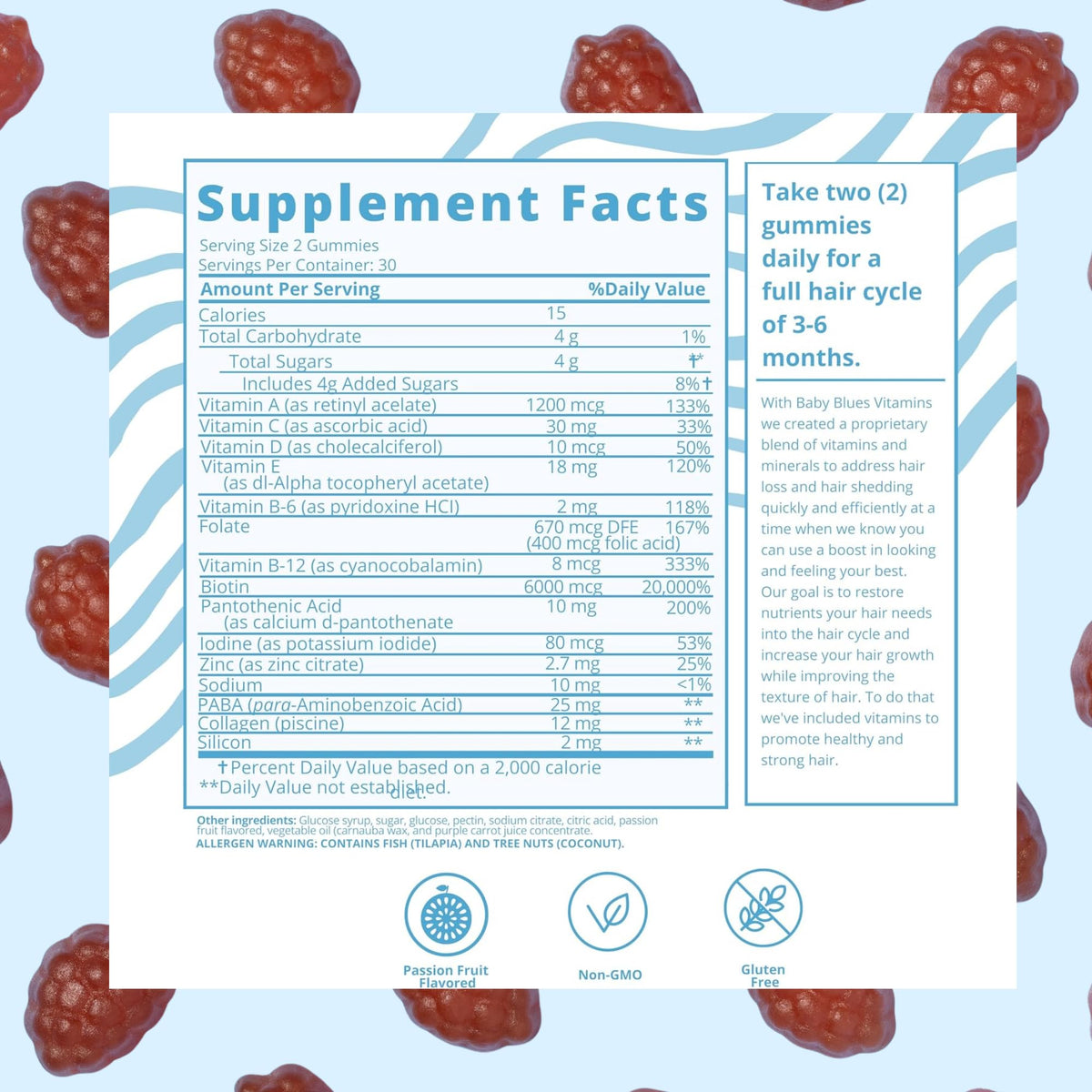 Baby Blues Postpartum Hair Loss Vitamins - Passion Fruit Gummies with Biotin, Collagen, & Folate - OmniHealth US