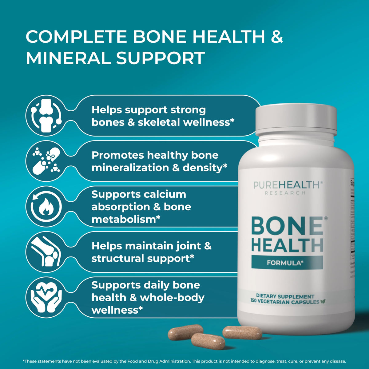 PUREHEALTH RESEARCH Bone Health Formula - for Bones, Joint & Skeletal Wellness - with Calcium, Magnesium, Zinc, Copper, Manganese, Potassium, Vitamin K2, D3, C - OmniHealth US