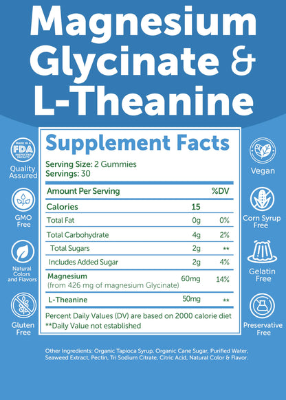 Lunakai USA Made Magnesium Glycinate Gummies 426mg with L-Theanine – Calm, Sleep, Stress Relief for Adults & Kids, Non-GMO, Vegan, 60ct - OmniHealth US