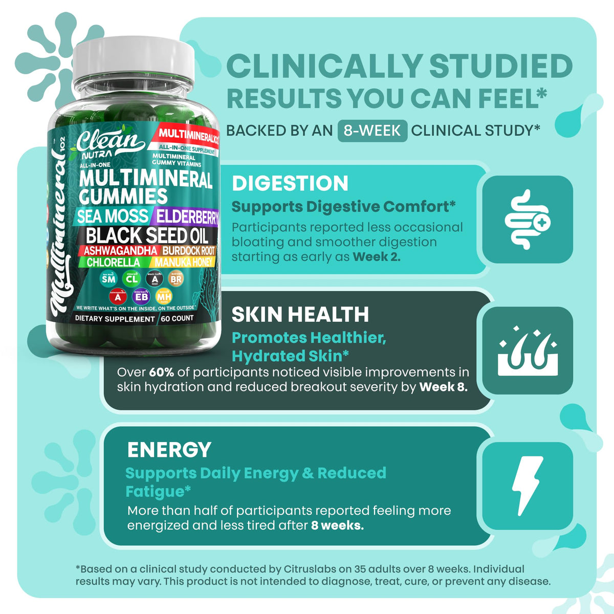 Sea Moss Gummies | Clinically Tested - Black Seed Oil Ashwagandha Elderberry Burdock Root Chlorella Manuka Honey - Vegan Irish Sea Moss Gummy Vitamins - OmniHealth US