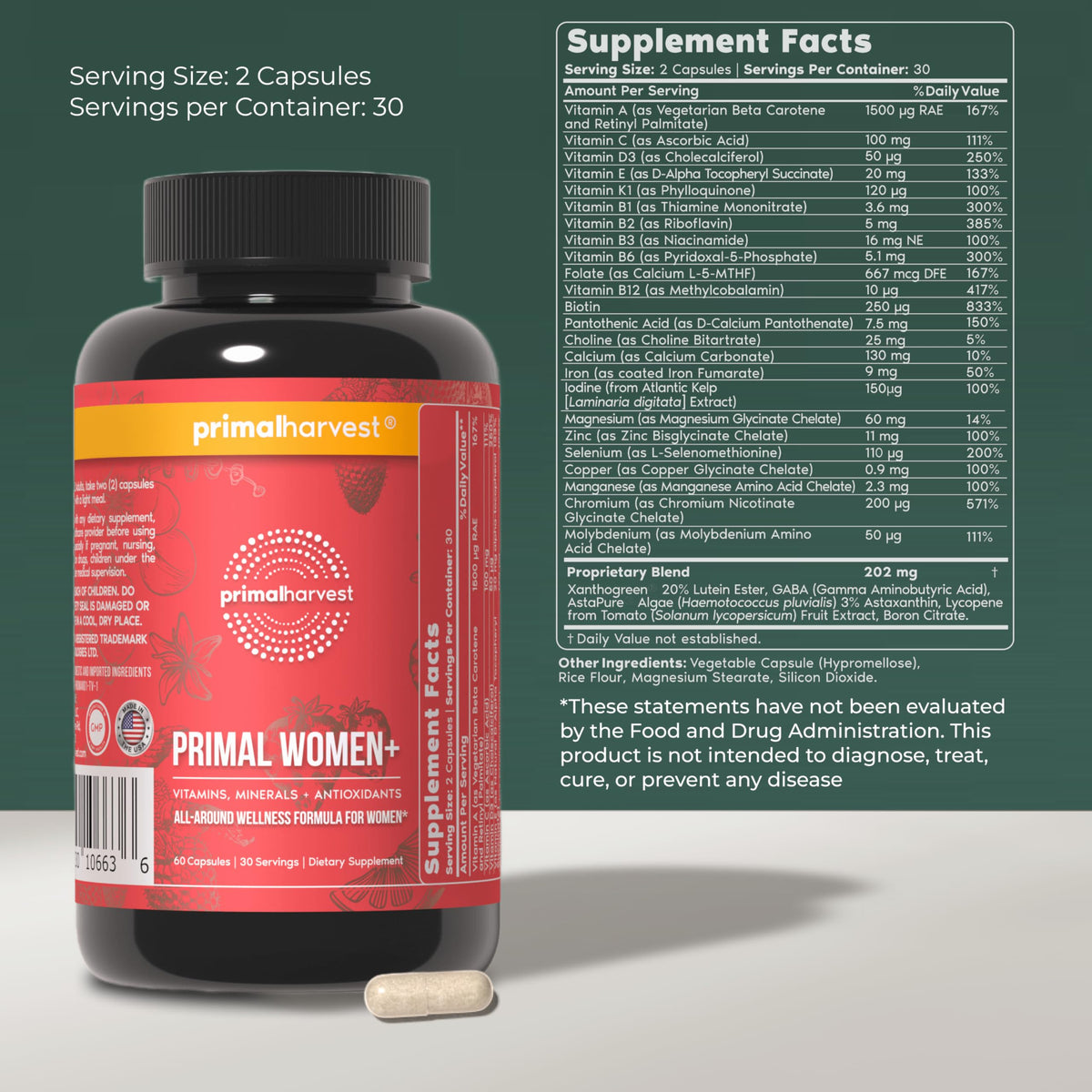 Primal Harvest Women+, Woman's Multivitamin Vitamin A, Vitamin C, Vitamin D and E, Vitamin B12, B6, Biotin - OmniHealth US