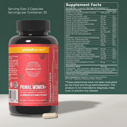 Primal Harvest Women+, Woman's Multivitamin Vitamin A, Vitamin C, Vitamin D and E, Vitamin B12, B6, Biotin - OmniHealth US
