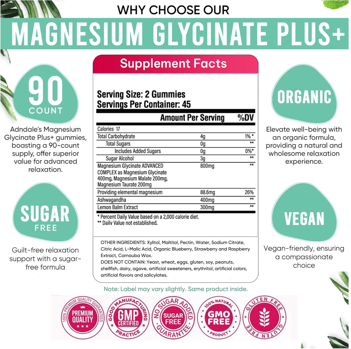 Adndale 90 CT Magnesium Glycinate 400 mg Gummies with Ashwagandha, Magnesium Malate & Taurate, Sugar Free Magnesium Gummies - OmniHealth US
