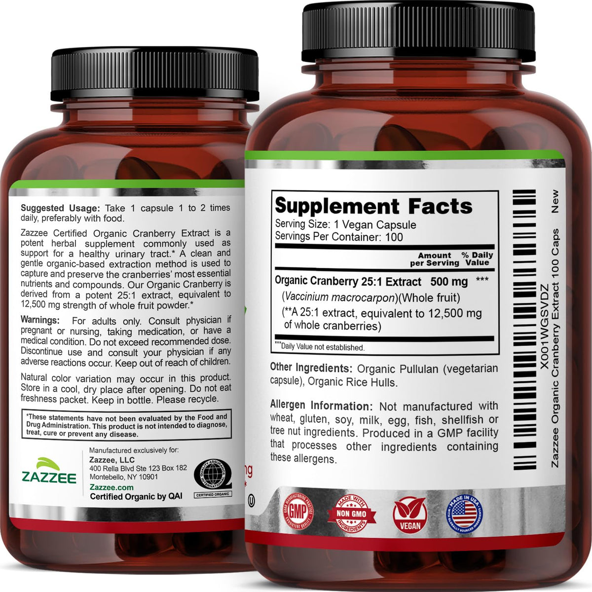 Zazzee USDA Organic Cranberry 25:1 Extract, 500 mg per Capsule, 100 Vegan Capsules, 3+ Month Supply, Certified Kosher, Vaccinium Macrocarpon, Urinary Tract & Bladder Support - OmniHealth US
