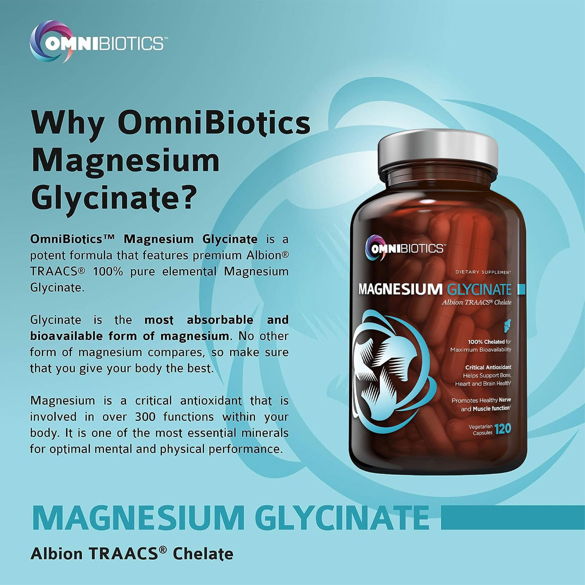 OmniBiotics Magnesium Glycinate Supplement – with 100% Pure Albion TRAACS Bisglycinate Chelate for Sleep, Muscle - OmniHealth US