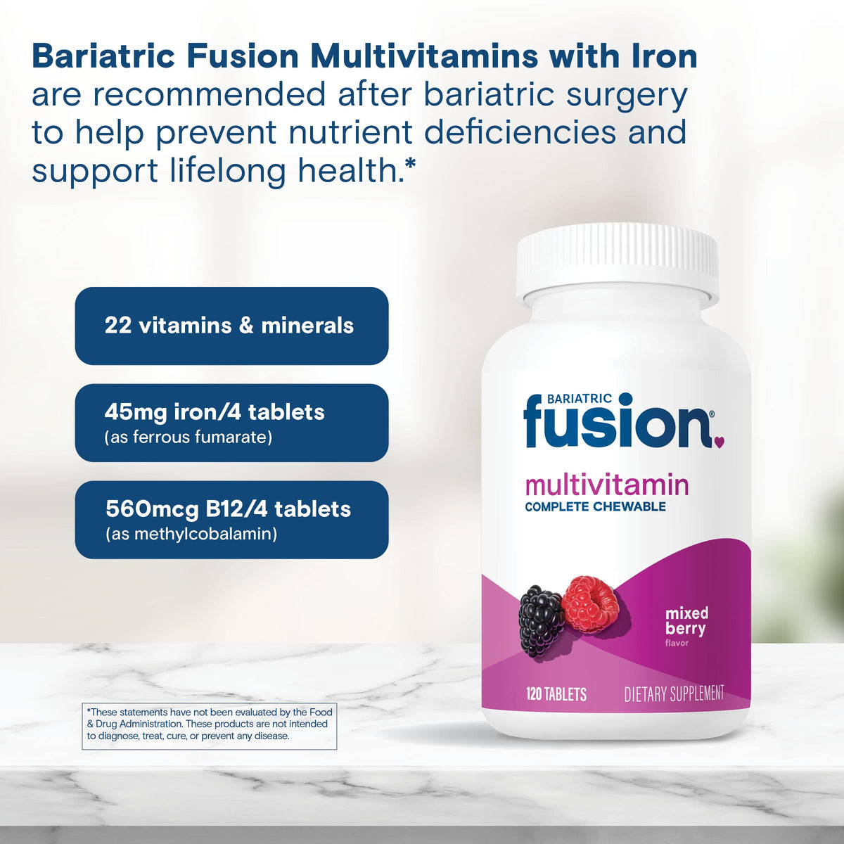 Bariatric Fusion Bariatric Multivitamin with Iron Complete Chewable | Mixed Berry | Post Bariatric Vitamins for Gastric Bypass - OmniHealth US