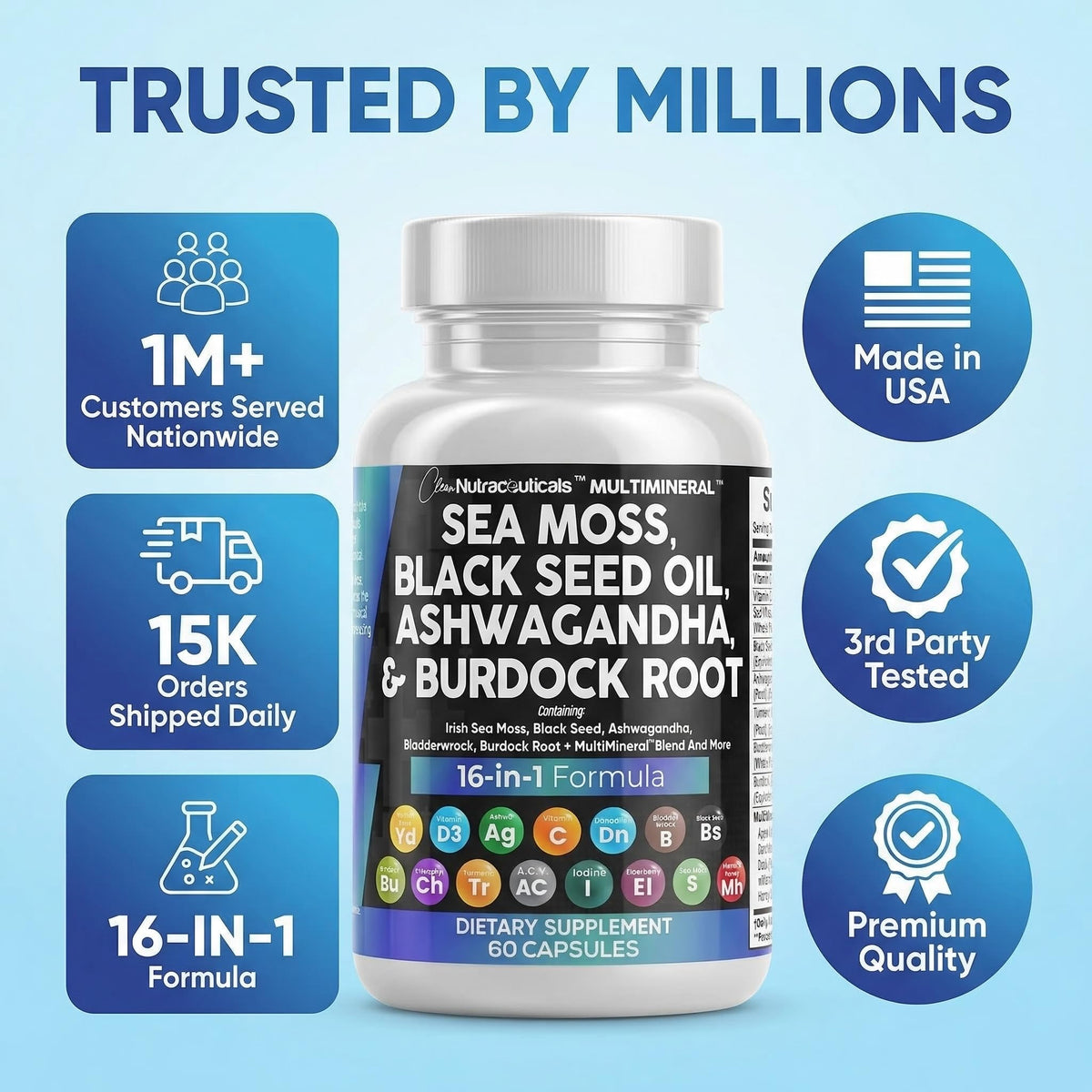 Clean Nutraceuticals Sea Moss Black Seed Oil Ashwagandha Turmeric Bladderwrack Burdock & Vitamin C Vitamin D3 with Elderberry - OmniHealth US