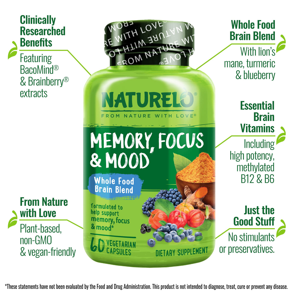 NATURELO Whole Food Brain Supplement - Brain Health Supplements for Memory & Focus Support - Enhance Brain Health Blend Supplement for Adults - OmniHealth US