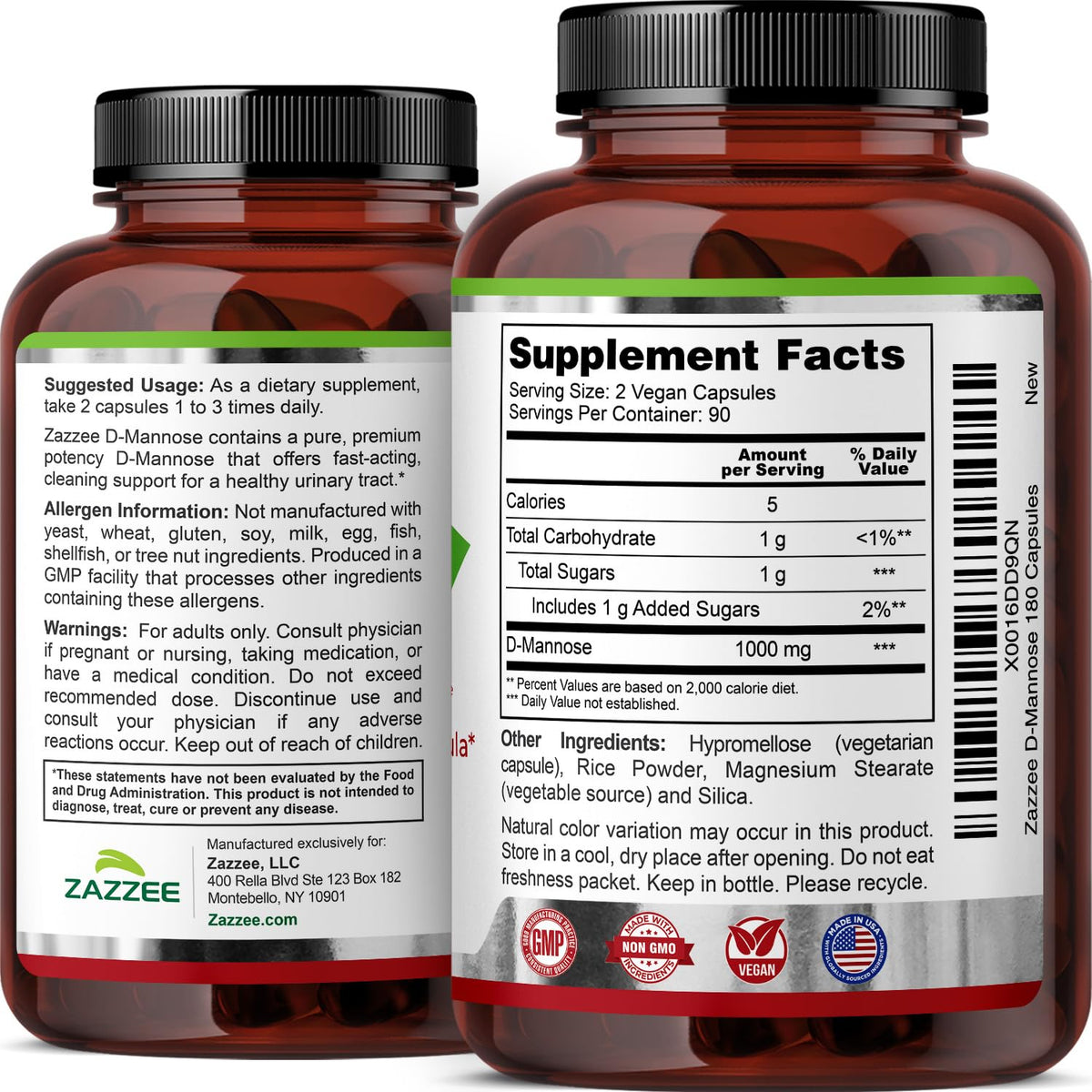 Zazzee D-Mannose, 1000 mg per Serving, 180 Vegan Capsules, 3 Month Supply, Potent & Fast-Acting, Certified Kosher, 100% Pure, All-Natural Urinary Tract Health Support - OmniHealth US