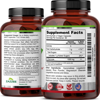 Zazzee D-Mannose, 1000 mg per Serving, 180 Vegan Capsules, 3 Month Supply, Potent & Fast-Acting, Certified Kosher, 100% Pure, All-Natural Urinary Tract Health Support - OmniHealth US