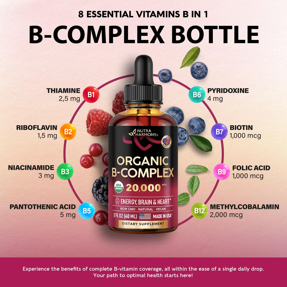 USDA Organic Vitamin B Complex Liquid Drops - 8-in-1 B Complex Vitamins: B1, B2, B3, B5 NUTRAHARMONYBuy Supplements Australia