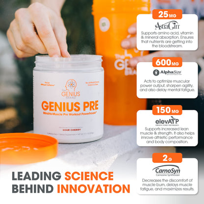 Genius Pre Workout Powder, Sour Cherry, and Genius Micronized Creatine Monohydrate Powder, Unflavored, All Natural Nootropic Pre Workout and Post Workout Supplement Stack
