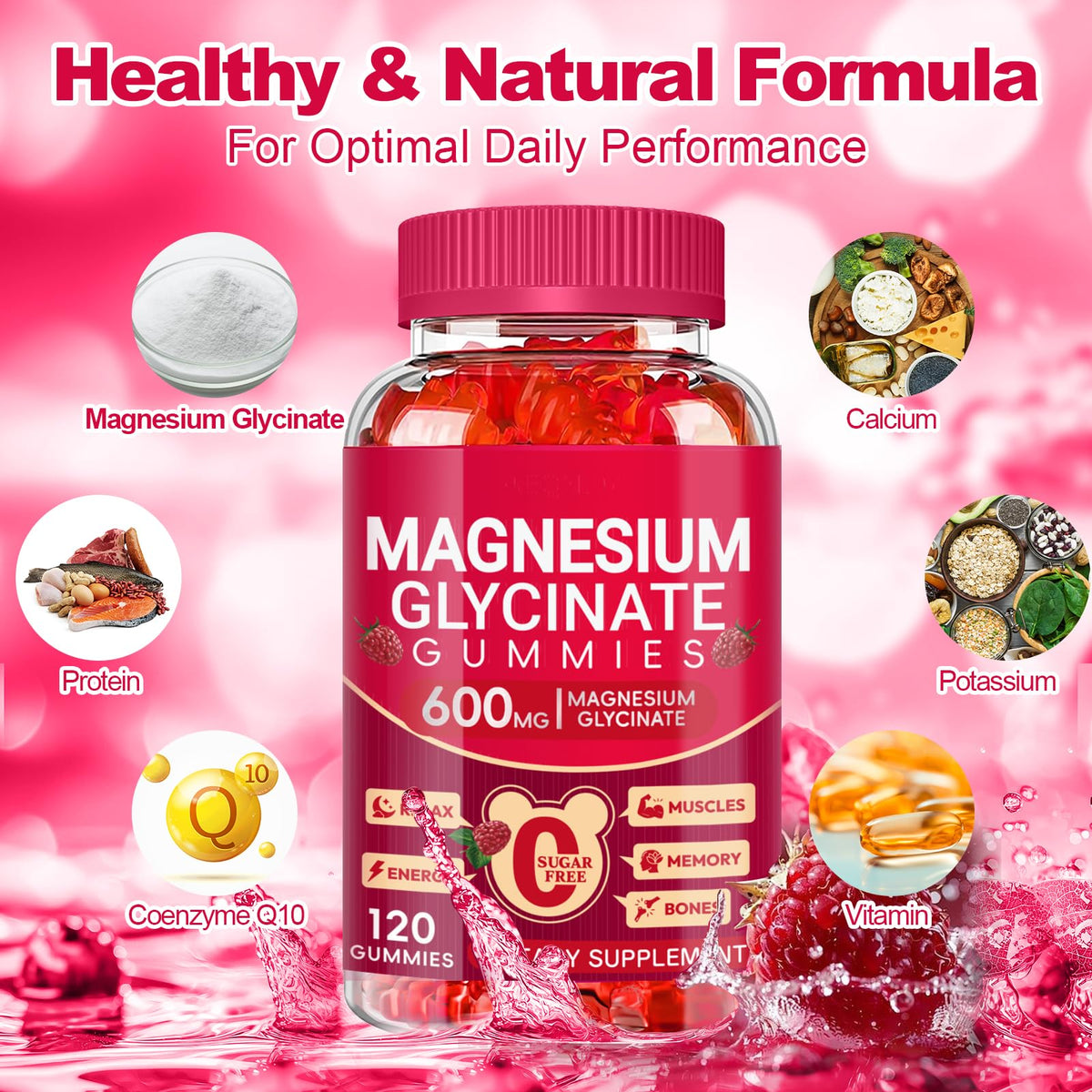 Magnesium Glycinate Gummies 600mg, Sugar Free Magnesium Gummies for Adults, Chewable Potassium Supplements for Body Support - OmniHealth US