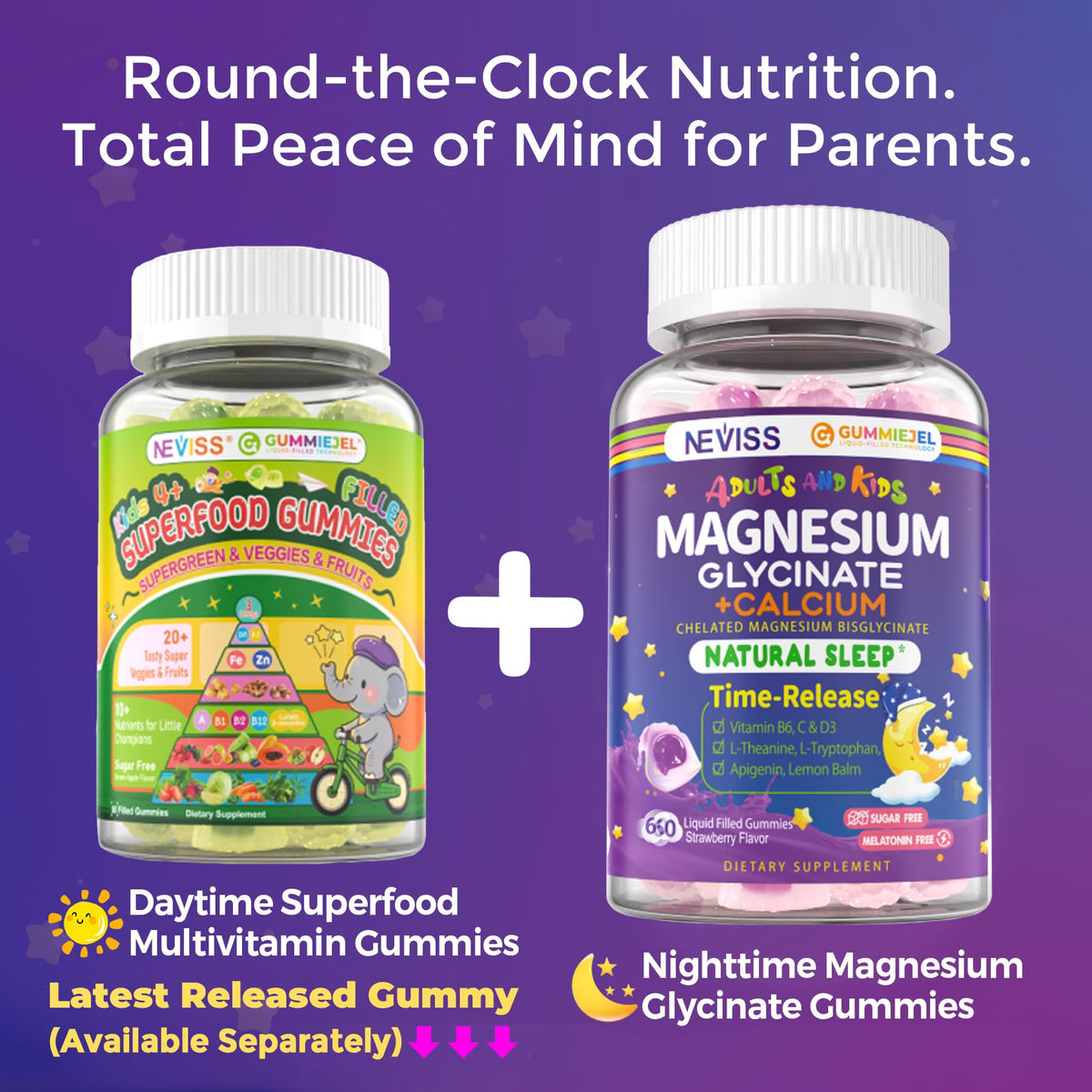 Neviss Magnesium Glycinate + Calcium Filled Gummies for Adults and Kids 4+, Kids Sleep Gummies Melatonin Free, Sugar Free Magnesium Supplement with B6 D3, OmniHealth US