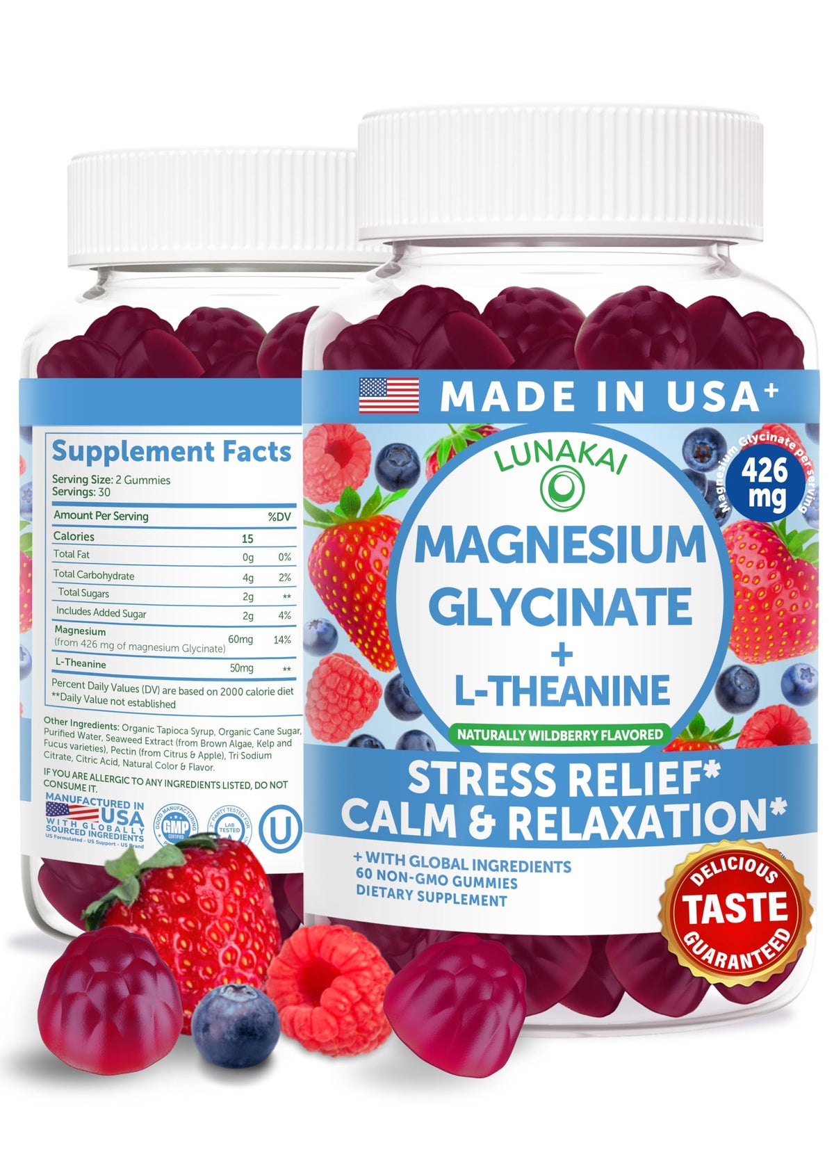 Lunakai USA Made Magnesium Glycinate Gummies 426mg with L-Theanine – Calm, Sleep, Stress Relief for Adults & Kids, Non-GMO, Vegan, 60ct - OmniHealth US