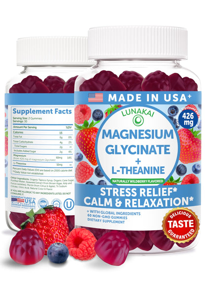 Lunakai USA Made Magnesium Glycinate Gummies 426mg with L-Theanine – Calm, Sleep, Stress Relief for Adults & Kids, Non-GMO, Vegan, 60ct - OmniHealth US