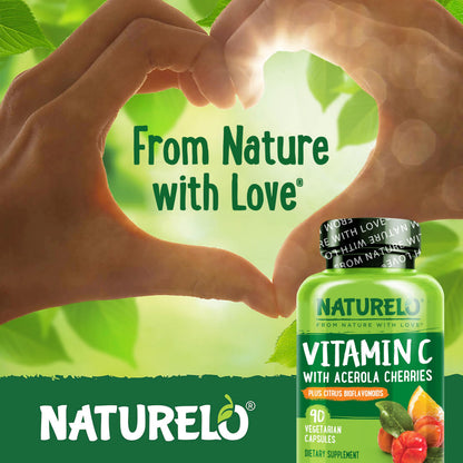 NATURELO Vitamin C with Organic Acerola Cherry Extract and Citrus Bioflavonoids - Vegan Supplement - Immune Support - 500 mg VIT C per Cap - OmniHealth US