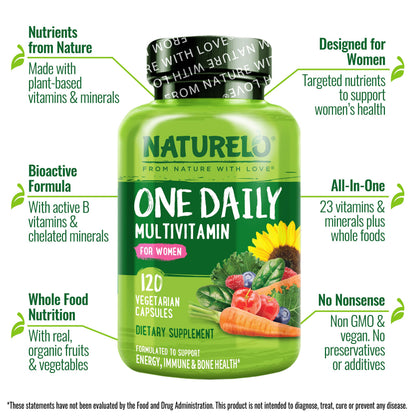 NATURELO One Daily Multivitamin for Women w/Vitamin B12, 120 Ct, Energy Support, Whole Food Daily Women Multivitamin Supplement, Nourish Hair/Skin/Nail, Non-GMO - OmniHealth US