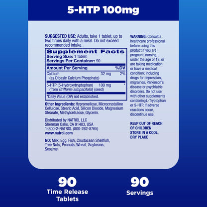Natrol 5-HTP 100mg, Dietary Supplement Helps Support a Balanced Mood, Mood and Stress Support Supplement, 90 Time Release Tablets, 45-90 Day Supply - OmniHealth US