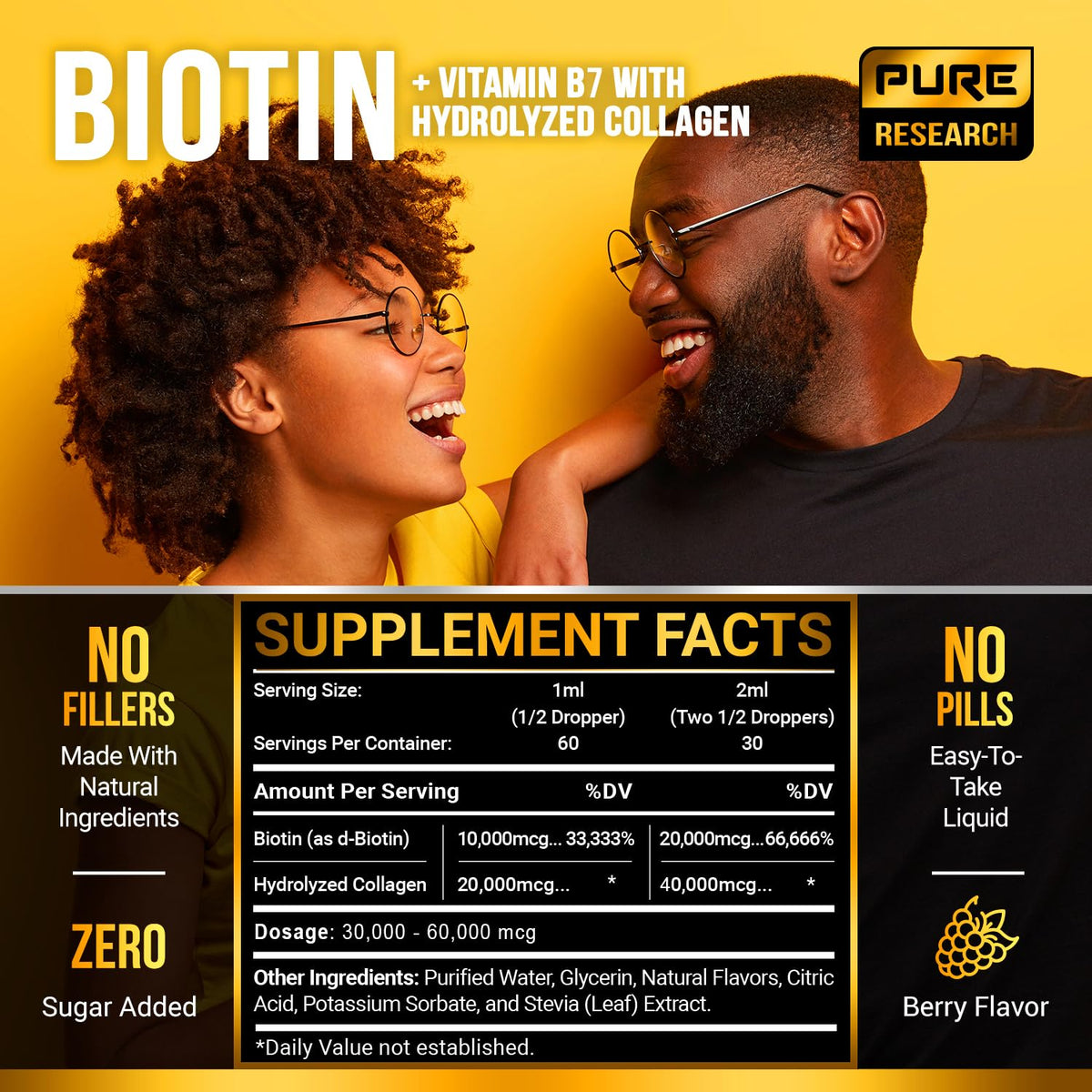 PURE RESEARCH Liquid Biotin & Collagen Hair Growth Drops 60,000mcg – Biotin and Liquid Collagen Supplements for Women & Men – Supports Glowing Skin - OmniHealth US