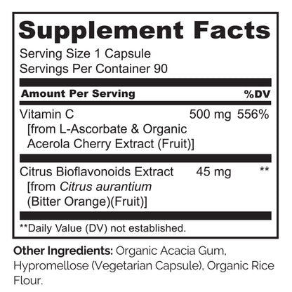 NATURELO Vitamin C with Organic Acerola Cherry Extract and Citrus Bioflavonoids - Vegan Supplement - Immune Support - 500 mg VIT C per Cap - OmniHealth US