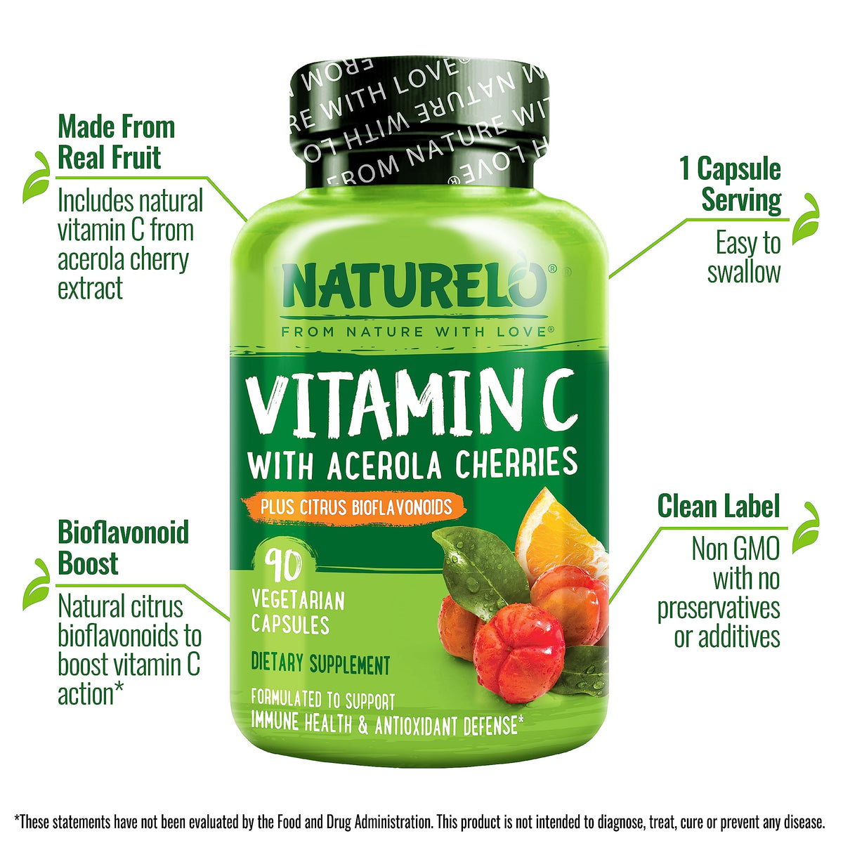 NATURELO Vitamin C with Organic Acerola Cherry Extract and Citrus Bioflavonoids - Vegan Supplement - Immune Support - 500 mg VIT C per Cap - OmniHealth US