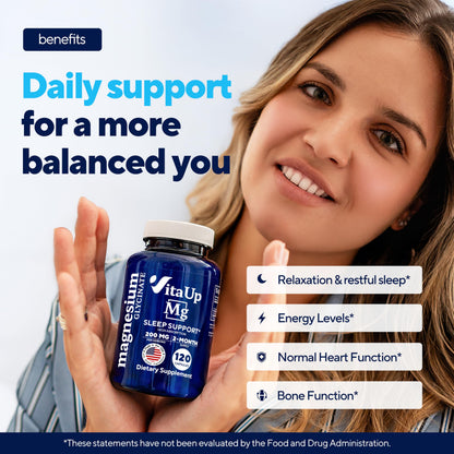 VitaUp Magnesium Glycinate 200mg - USA Made, Highly Absorbed, Non-GMO Magnesium for Relaxation, Deep Sleep, Bones & Heart - OmniHealth US