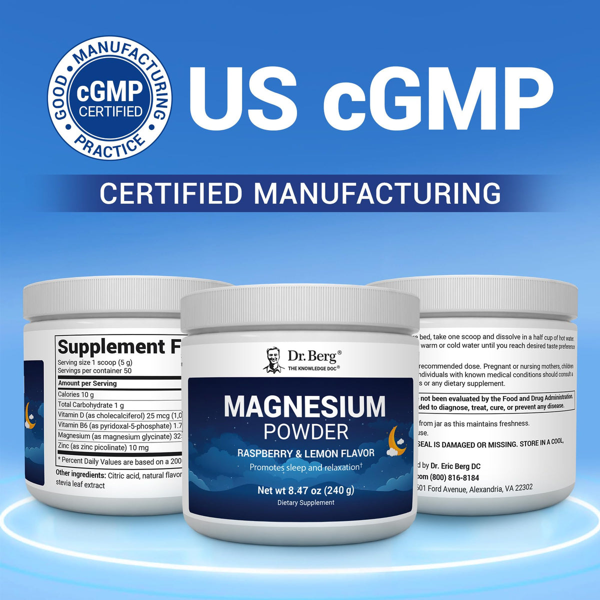 Dr. Berg Magnesium Glycinate Powder for Sleep, Relaxation, & Stress Relief - Now Includes Vitamin D3 & Zinc - Delicious Raspberry & Lemon Flavor (50 Servings) Magnesium Powder - Magnesium Drink Powder - OmniHealth US