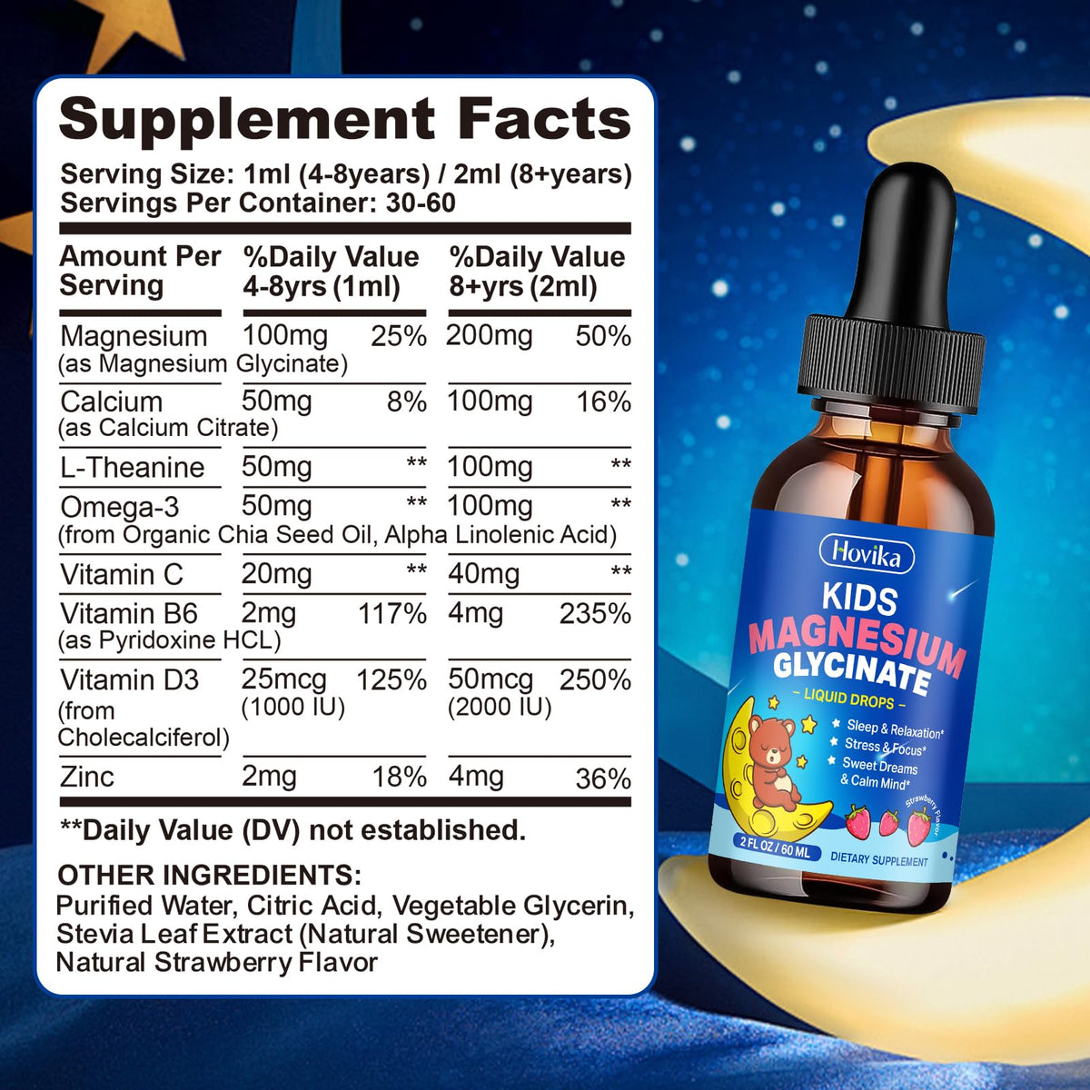 Magnesium Glycinate Liquid for Kids - with L-Theanine Omega-3, Vitamin B6, D3, Zinc - Kids Magnesium Drops for Sleep, Relaxation - OmniHealth US