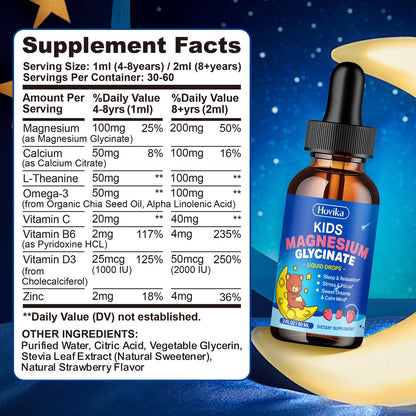 Magnesium Glycinate Liquid for Kids - with L-Theanine Omega-3, Vitamin B6, D3, Zinc - Kids Magnesium Drops for Sleep, Relaxation - OmniHealth US