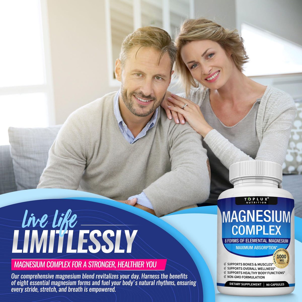 Magnesium Complex Supplement 8 Elemental 1000mg - Magnesium Glycinate, Citrate, Malate, Taurate, Chelated for Easy Absorption for Bones - OmniHealth US