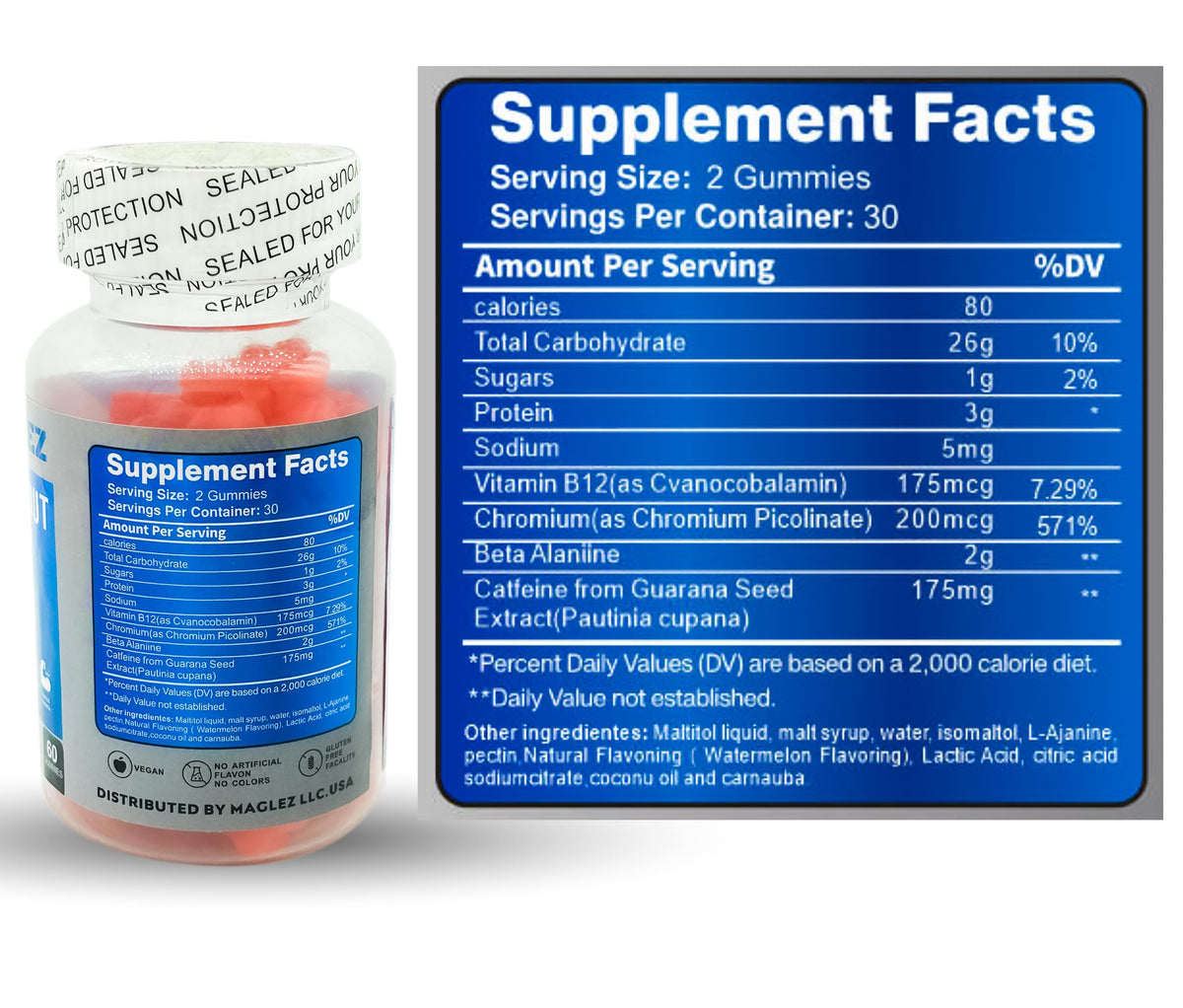 Maglez, Pre Workout Gummies for Men & Women, PreWorkout Gummy with Beta Alanine | Organic Caffeine | Chromium Picolinate | Gluten free, Vegan, increased energy, faster metabolism & recovery (60 gummy)