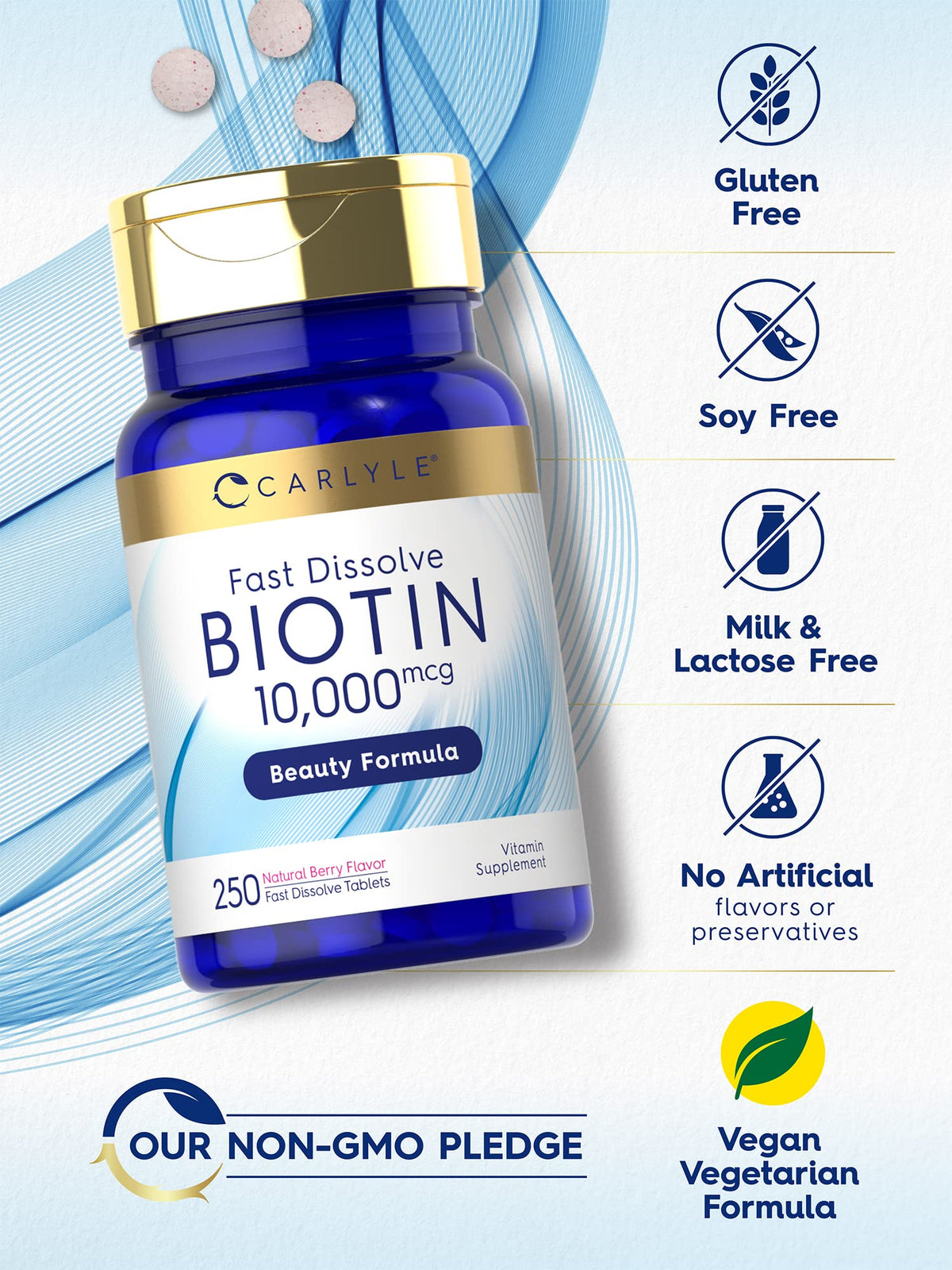 Carlyle Biotin 10000mcg | 250 Fast Dissolve Tablets | Max Strength | Vegetarian, Non-GMO, Gluten Free Supplement - OmniHealth US