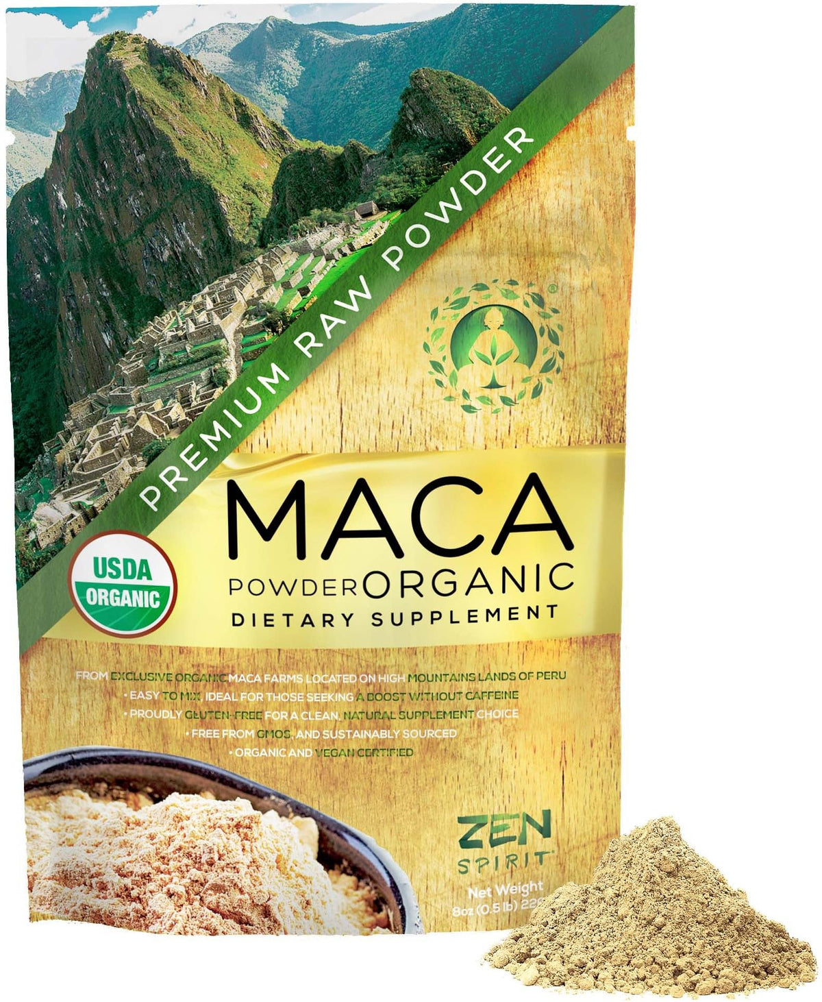 Zen Spirit Maca Root Powder Organic - Peruvian Root Premium Grade Superfood (Raw) - USDA & Vegan Certified - 1 Bag (8oz) - OmniHealth US