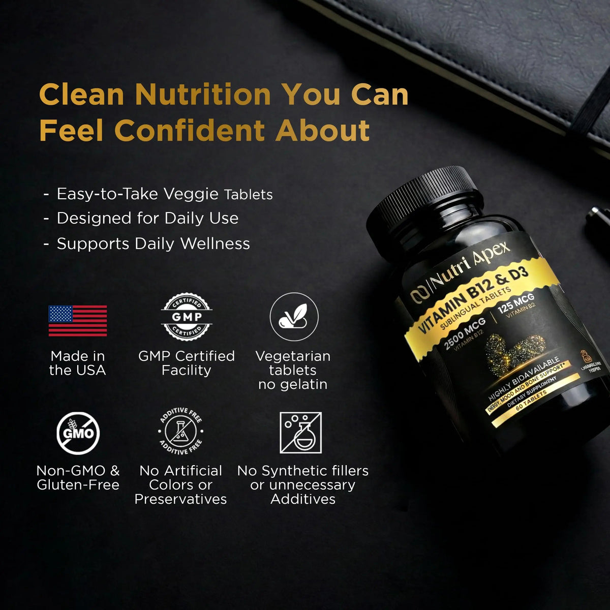 Nutri Apex Vitamin B12 & D3 Sublingual Tablets - 2500 mcg B12 & 125 mcg (5000 IU) D3 - Highly Bioavailable for Energy, Mood & Bone Health - Lab-Tested Nutri ApexBuy Supplements Australia