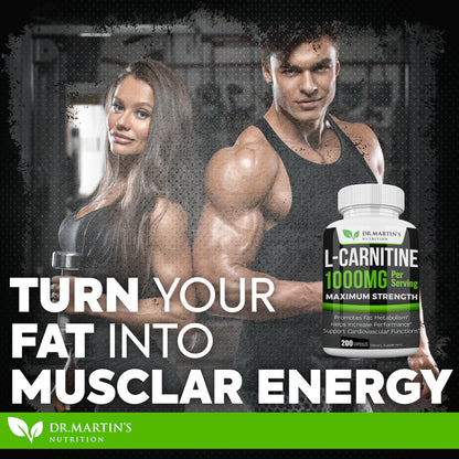 DR. MARTIN'S NUTRITION Extra Strength L-Carnitine - 200 Capsules - 1000mg Per Serving - Boost Your Metabolism and Increase Performance - OmniHealth US