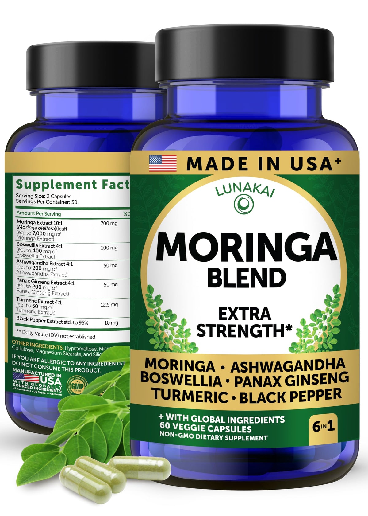 Lunakai USA Made Pure Moringa Capsules – Advanced Moringa Leaf Extract Supplement with Ashwagandha, Boswellia - OmniHealth US