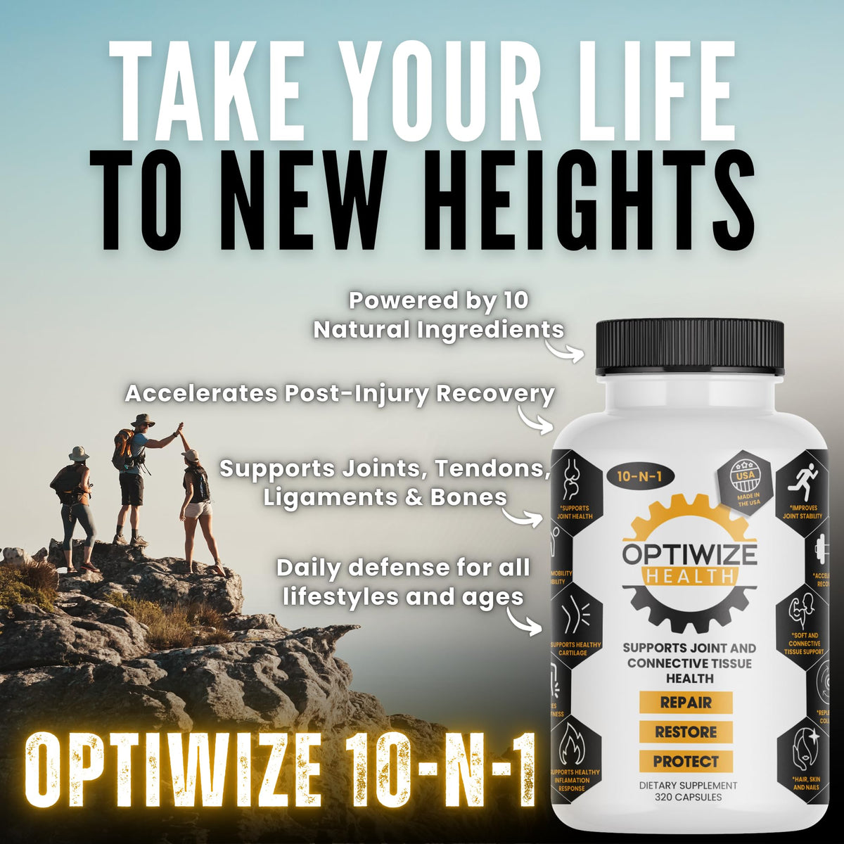 OptiWize 10-N-1 Joint Support Hydrolyzed Collagen,MSM, Hyaluronic Acid, Glucosamine,Chondroitin & More- Targets Joint Discomfort, OmniHealth US