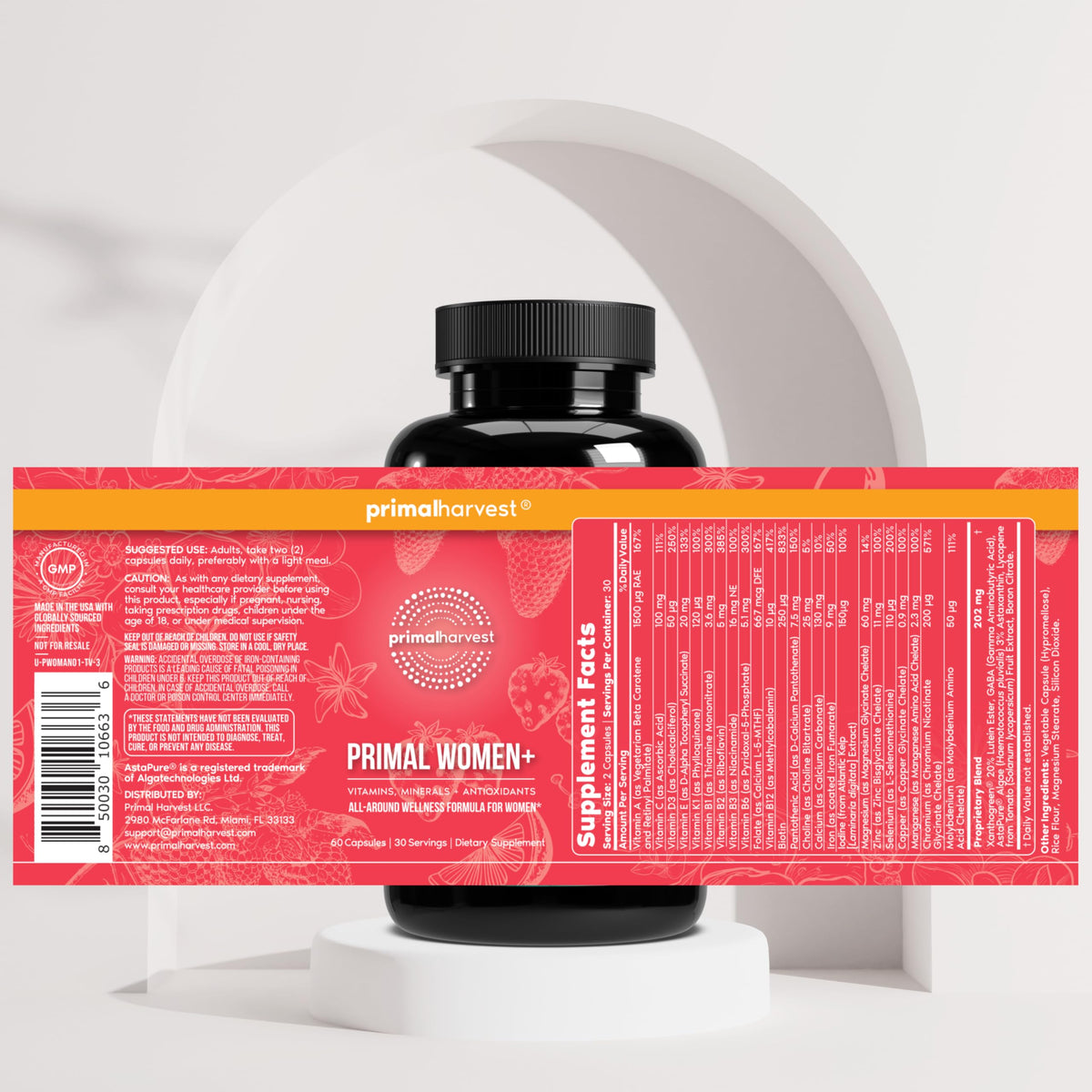 Primal Harvest Women+, Woman's Multivitamin Vitamin A, Vitamin C, Vitamin D and E, Vitamin B12, B6, Biotin - OmniHealth US