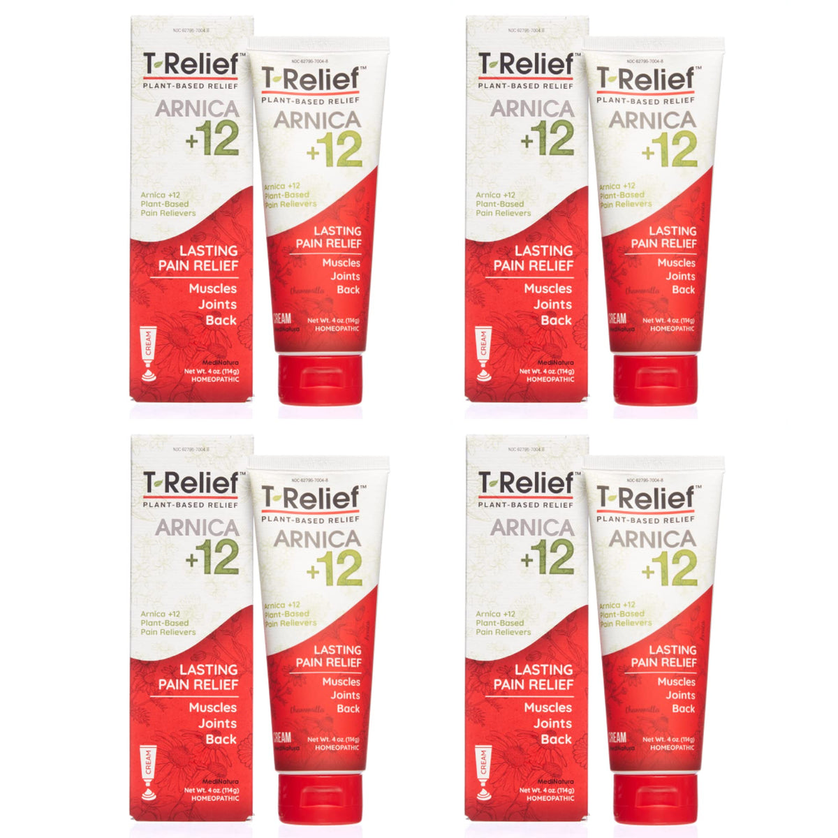 T-Relief Arnica +12 Cream Natural Relieving Actives for Back Pain Joint Soreness Muscle Aches & Stiffness, Whole Body Fast Acting Relief for Women & Men - 4 oz (4 Pack) MediNaturaBuy Supplements Australia