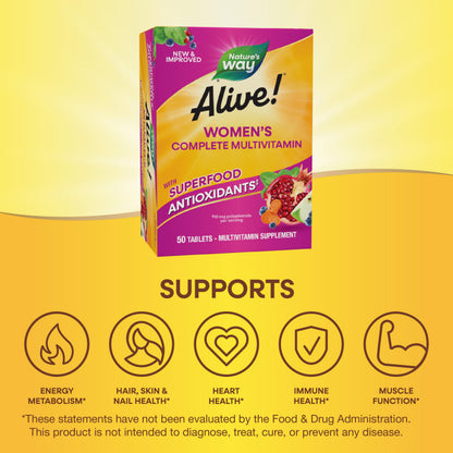 Nature's Way Alive! Daily Complete Multivitamin for Women, Supports Energy Metabolism, Hair, Skin & Nails*, B-Vitamins - OmniHealth US