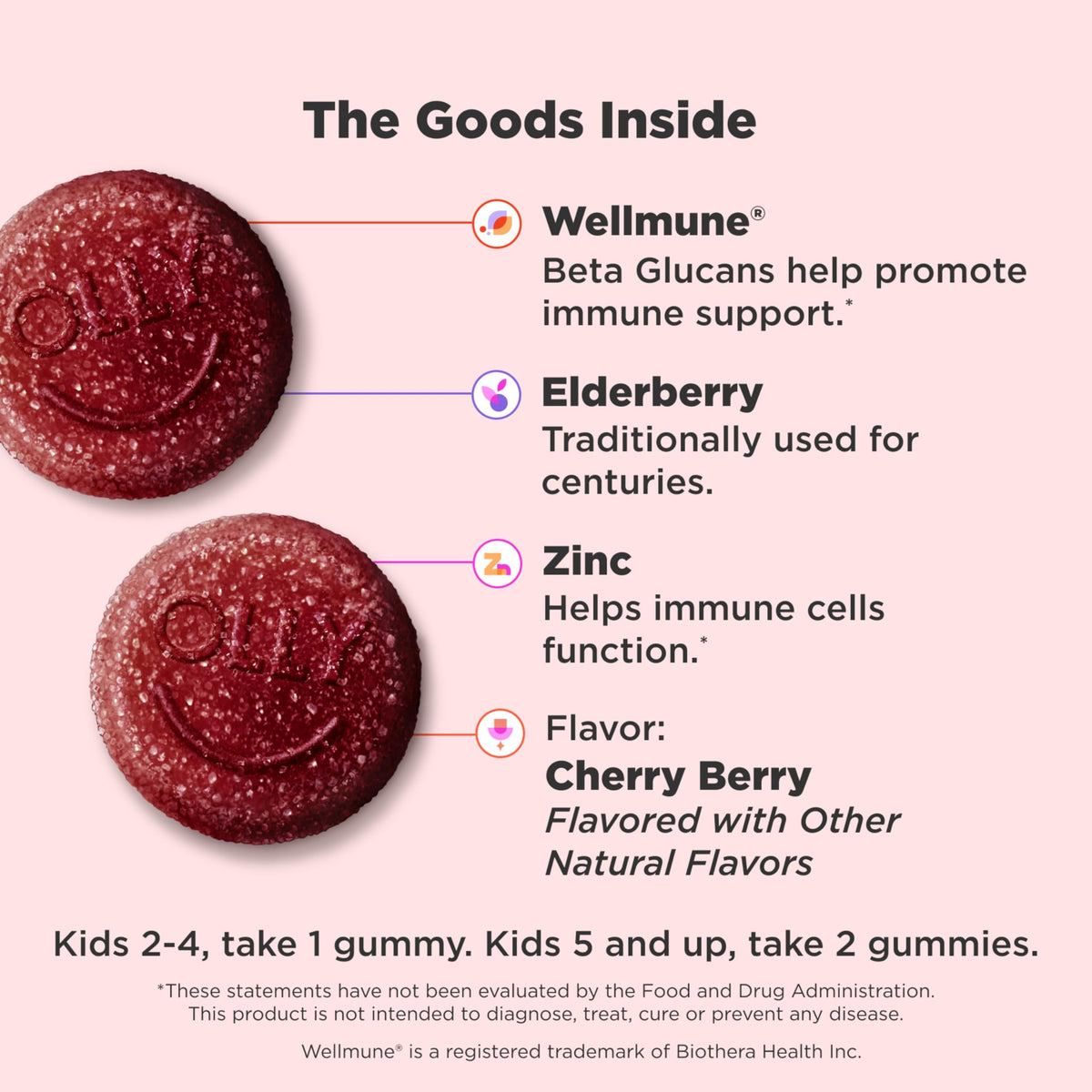 OLLY Kids Immunity Gummy, Immune Support, Wellmune, Elderberry, Vitamin C, Zinc, Chewable Supplement, Cherry - 50 Count - OmniHealth US