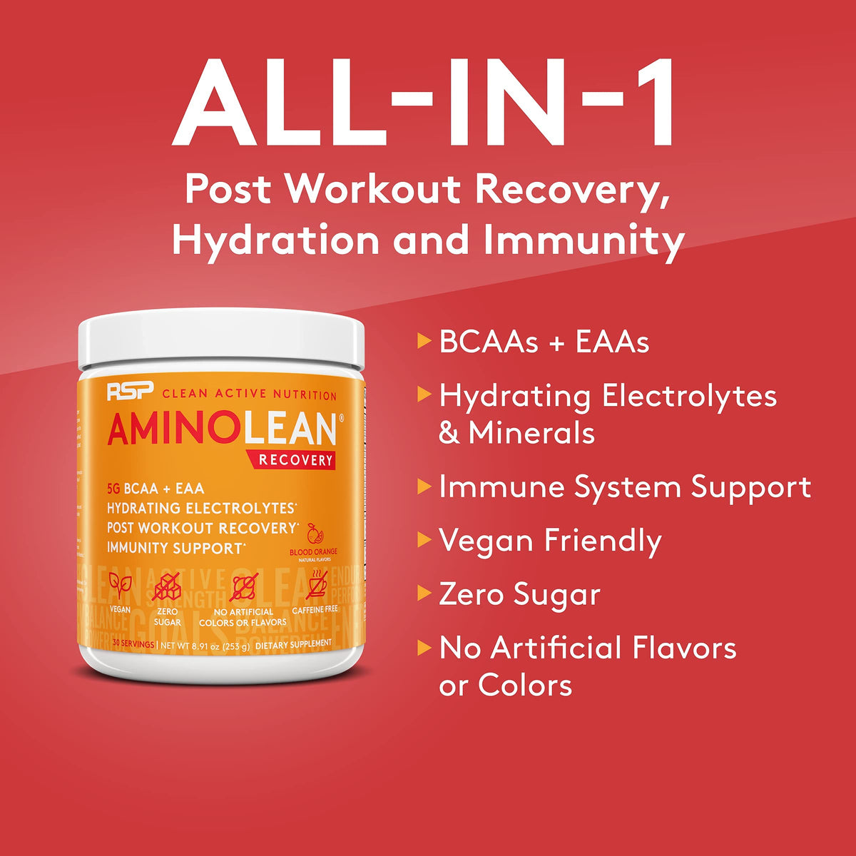 RSP NUTRITION Vegan AminoLean Pre Workout Energy (Acai 25 Servings) with AminoLean Recovery Post Workout Boost (Blood Orange 30 Servings)