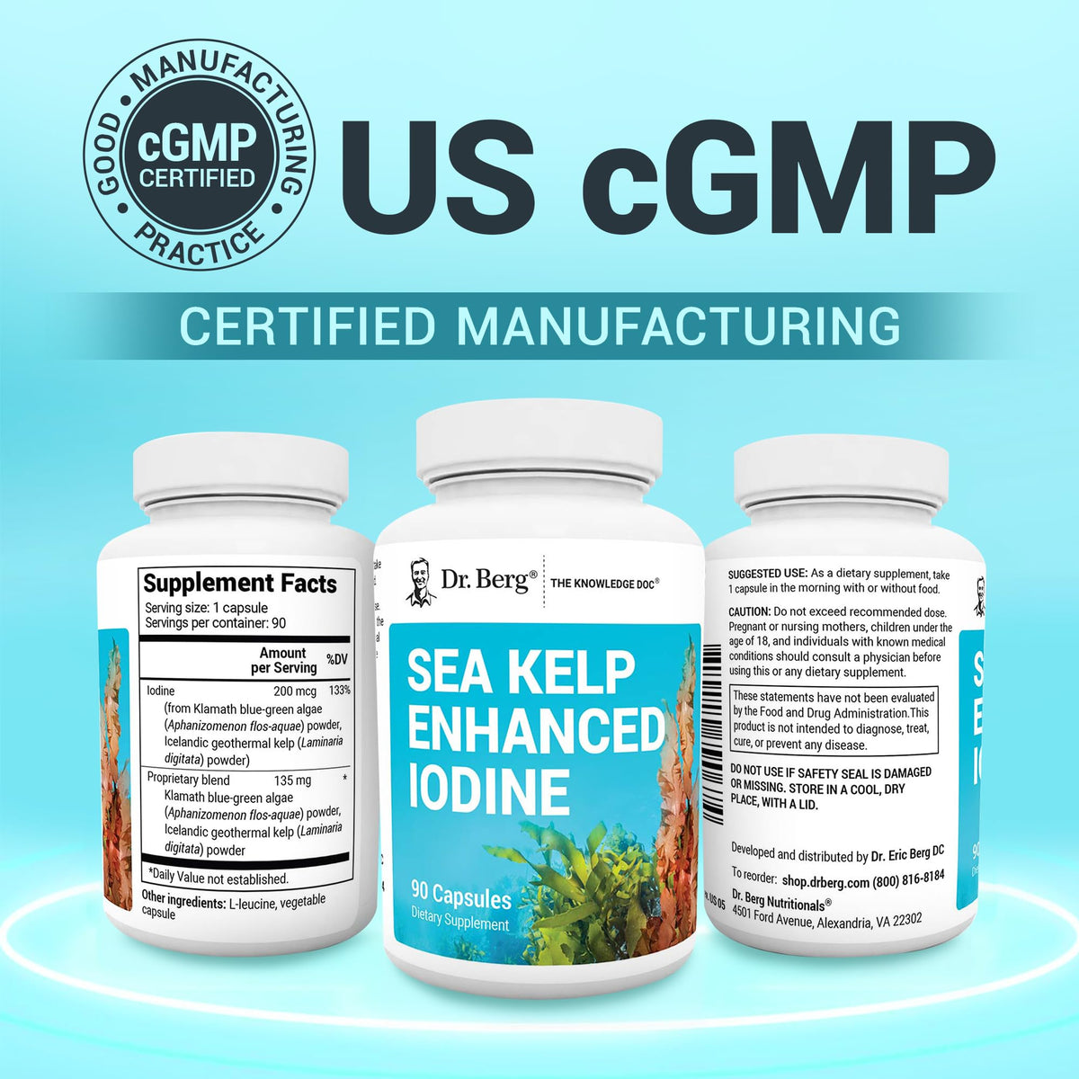 Dr. Berg Sea Kelp Enhanced Iodine - 200 mcg of Premium Iodine - Seaweed Blend Includes Klamath Blue-Green Algae & Sea Kelp - 90 Capsules - OmniHealth US