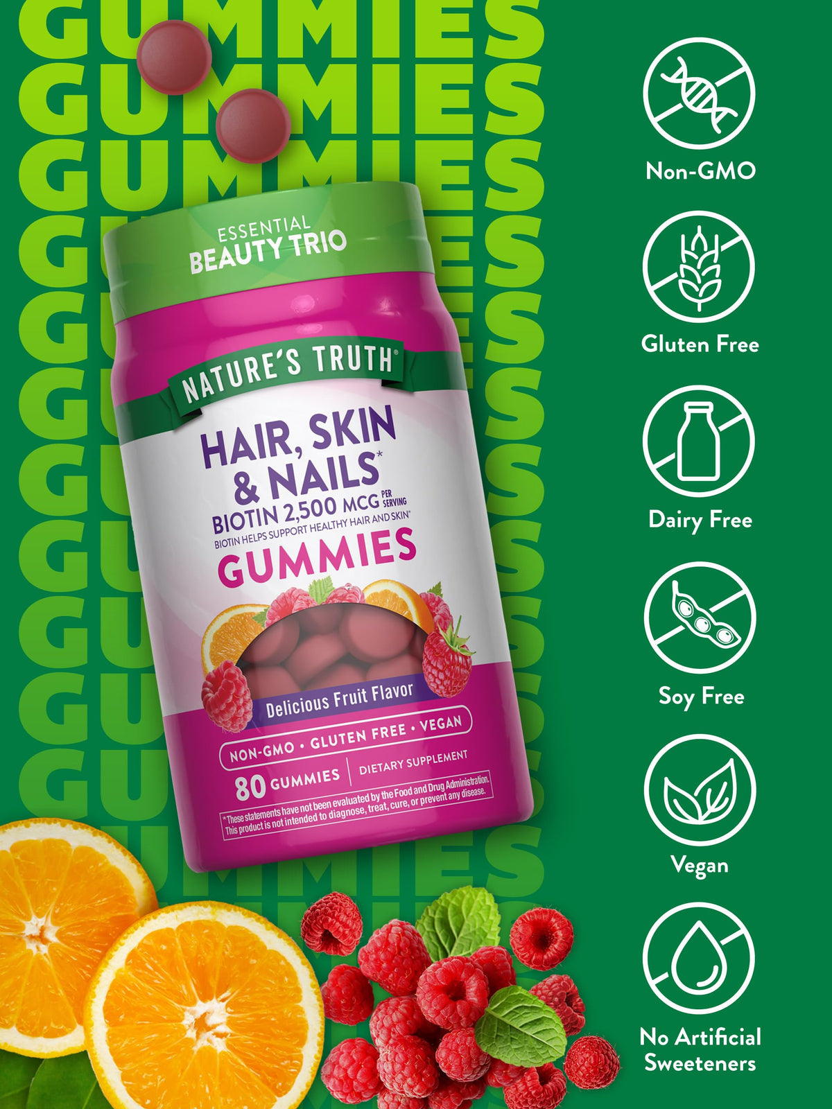 Nature's Truth Hair Skin and Nails Gummies | 80 Count | 2500mcg of Biotin | Vegan, Non-GMO, Gluten Free Supplement - OmniHealth US