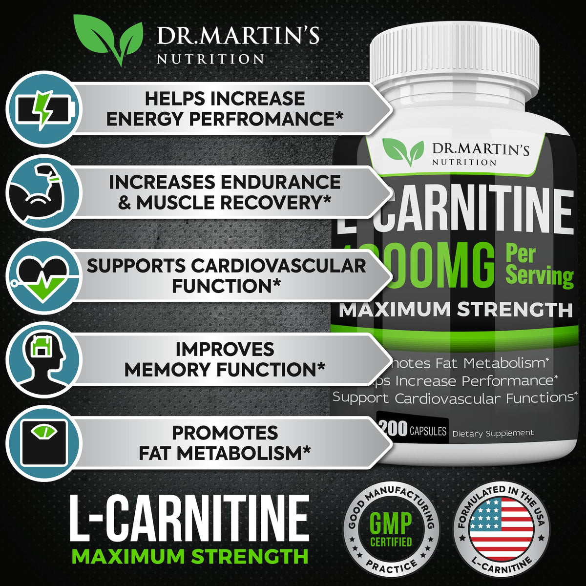 DR. MARTIN'S NUTRITION Extra Strength L-Carnitine - 200 Capsules - 1000mg Per Serving - Boost Your Metabolism and Increase Performance - OmniHealth US